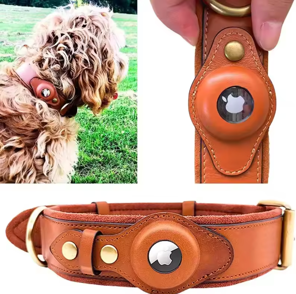 Leder Hundehalsband für AirTag & GPS – Handgemacht, Verstellbar (Haselnuss)