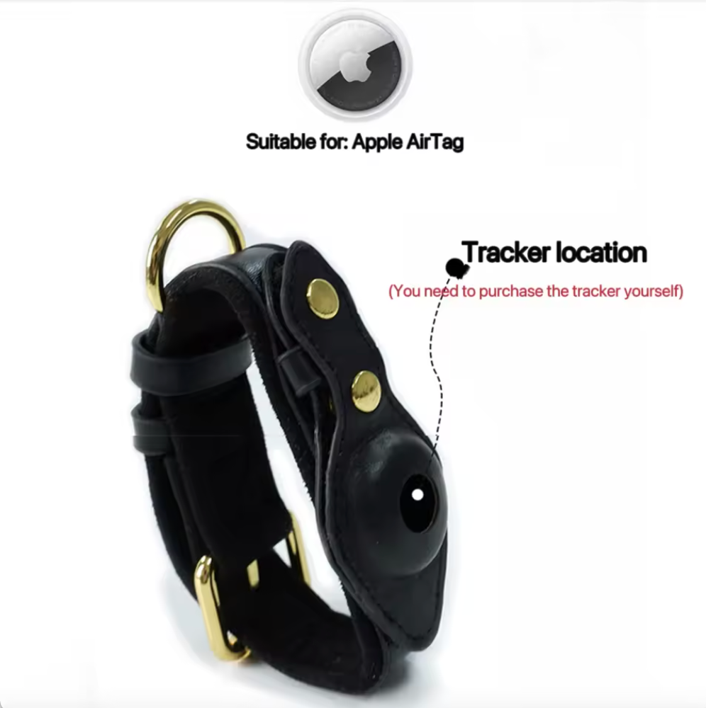 Leder Hundehalsband für AirTag & GPS – Handgemacht, Verstellbar (Schwarz)