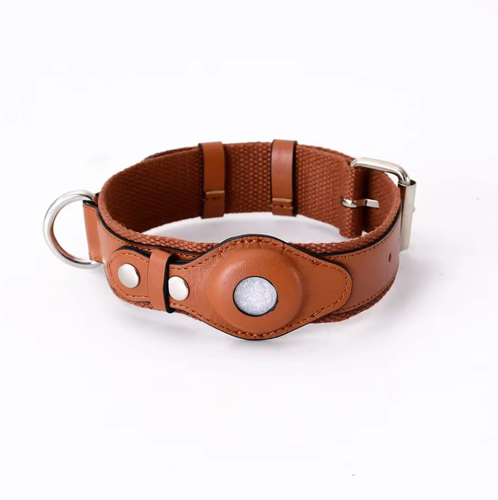 Leder Hundehalsband für AirTag & GPS – Handgemacht, Verstellbar (Haselnuss)