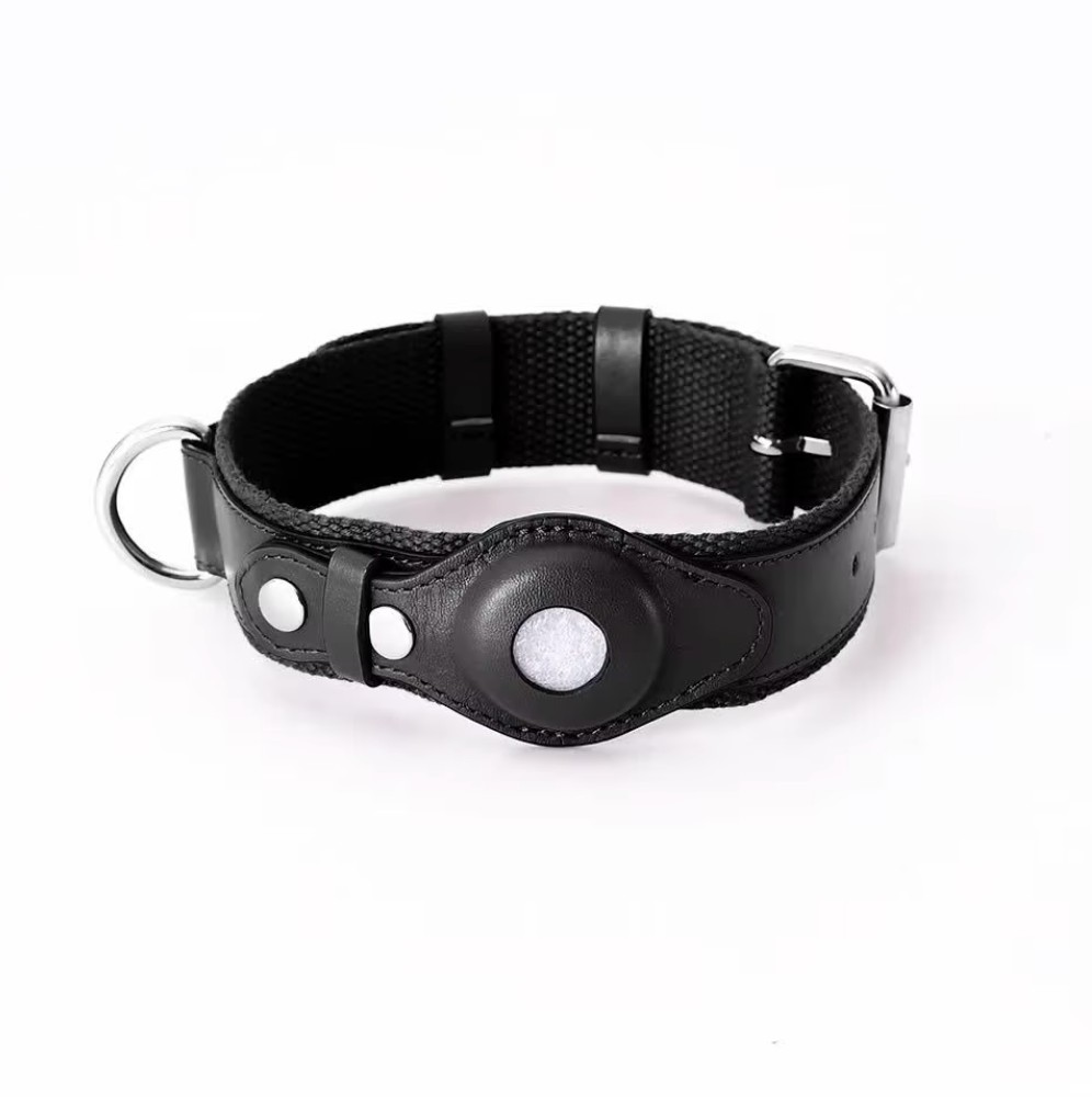 Leder Hundehalsband für AirTag & GPS – Handgemacht, Verstellbar (Schwarz)