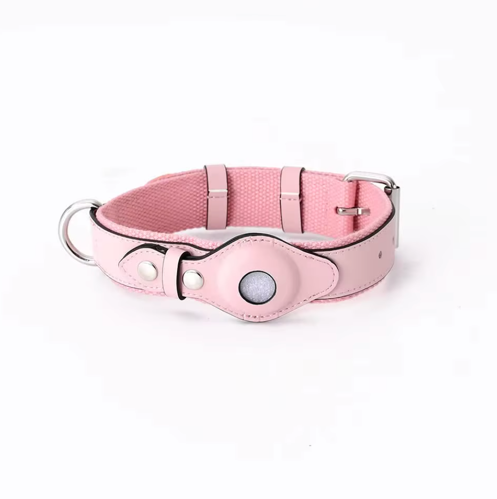 Leder Hundehalsband für AirTag & GPS – Handgemacht, Verstellbar (Pink)