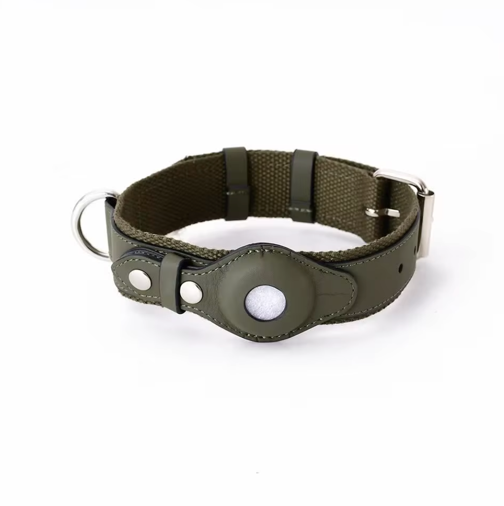 Leder Hundehalsband für AirTag & GPS – Handgemacht, Verstellbar (Olive)